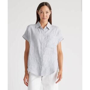 Quince Linen Blue & White Ticking Stripe Short Sleeve Collared Button Down